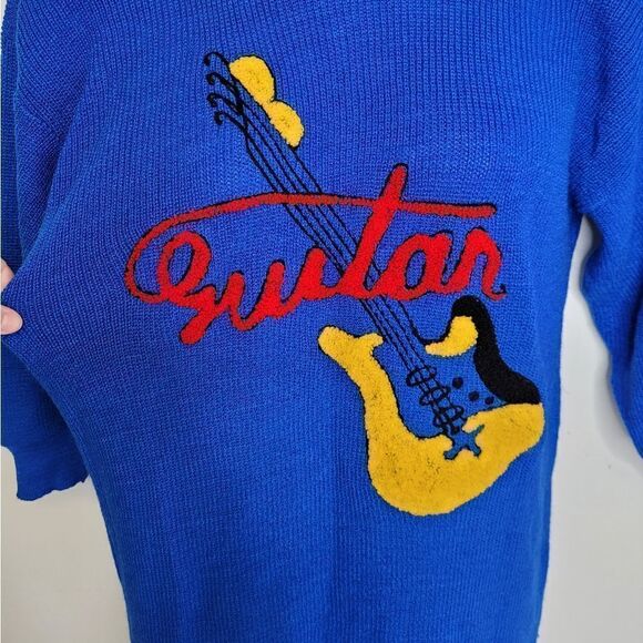 VINTAGE 80s guitar sweater dress chenille applique blue long sleeve midi M/L - Picture 4 of 10